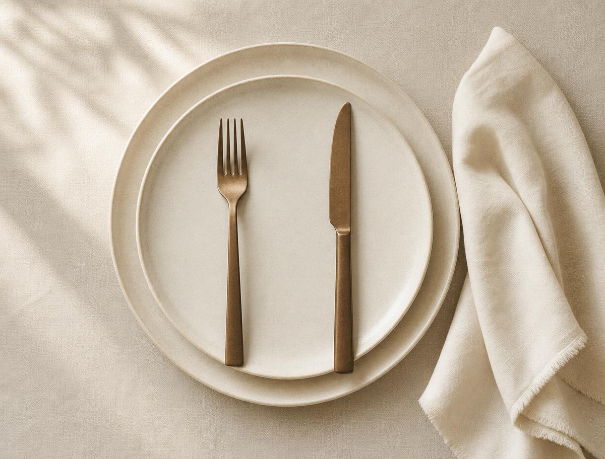 Overhead view of cream ceramic plates with a bronze fork and knife placed separately, beside a folded ivory linen napkin
