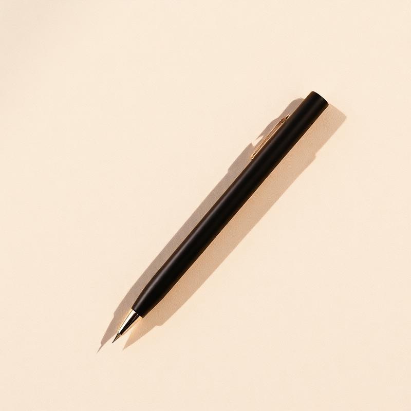A slim matte black pen lying on a pale beige surface