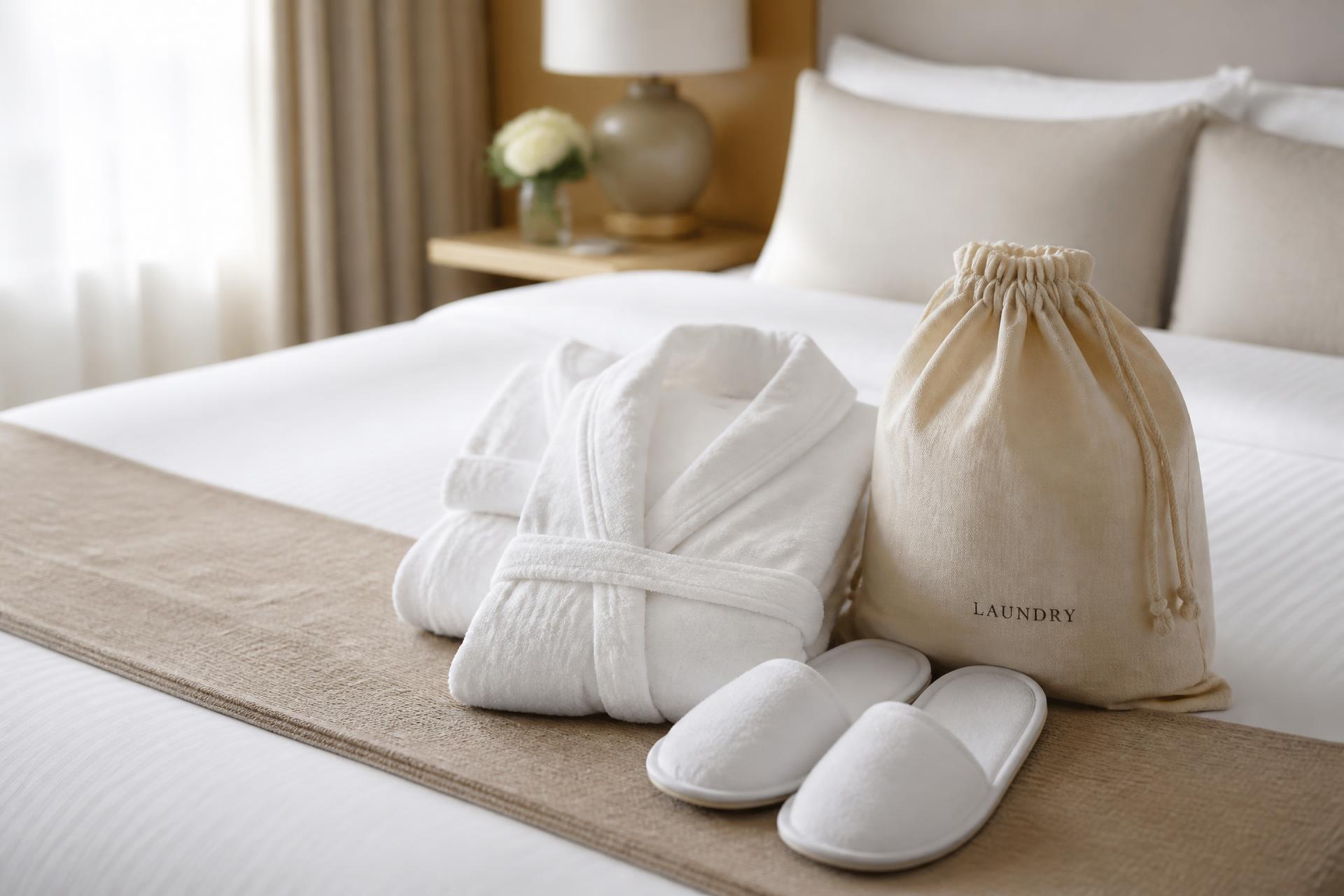 Folded white hotel bathrobes, slippers and a linen drawstring laundry bag arranged on a made bed