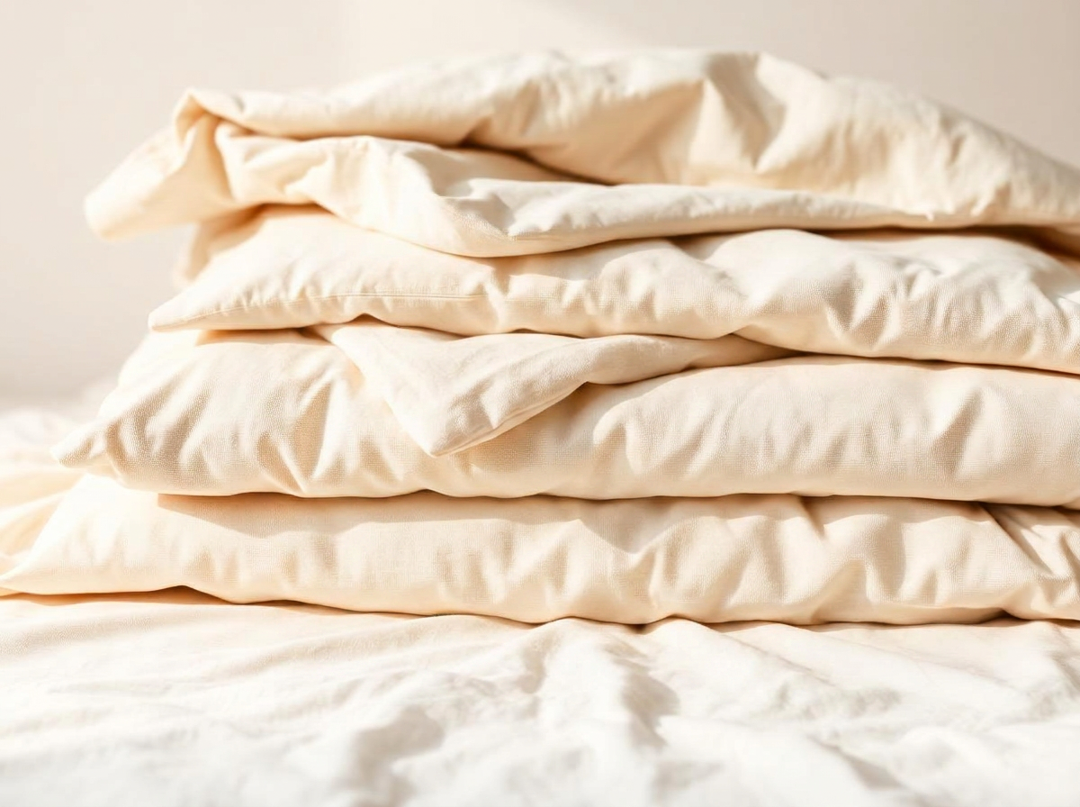 A stack of folded ivory linens in warm natural light