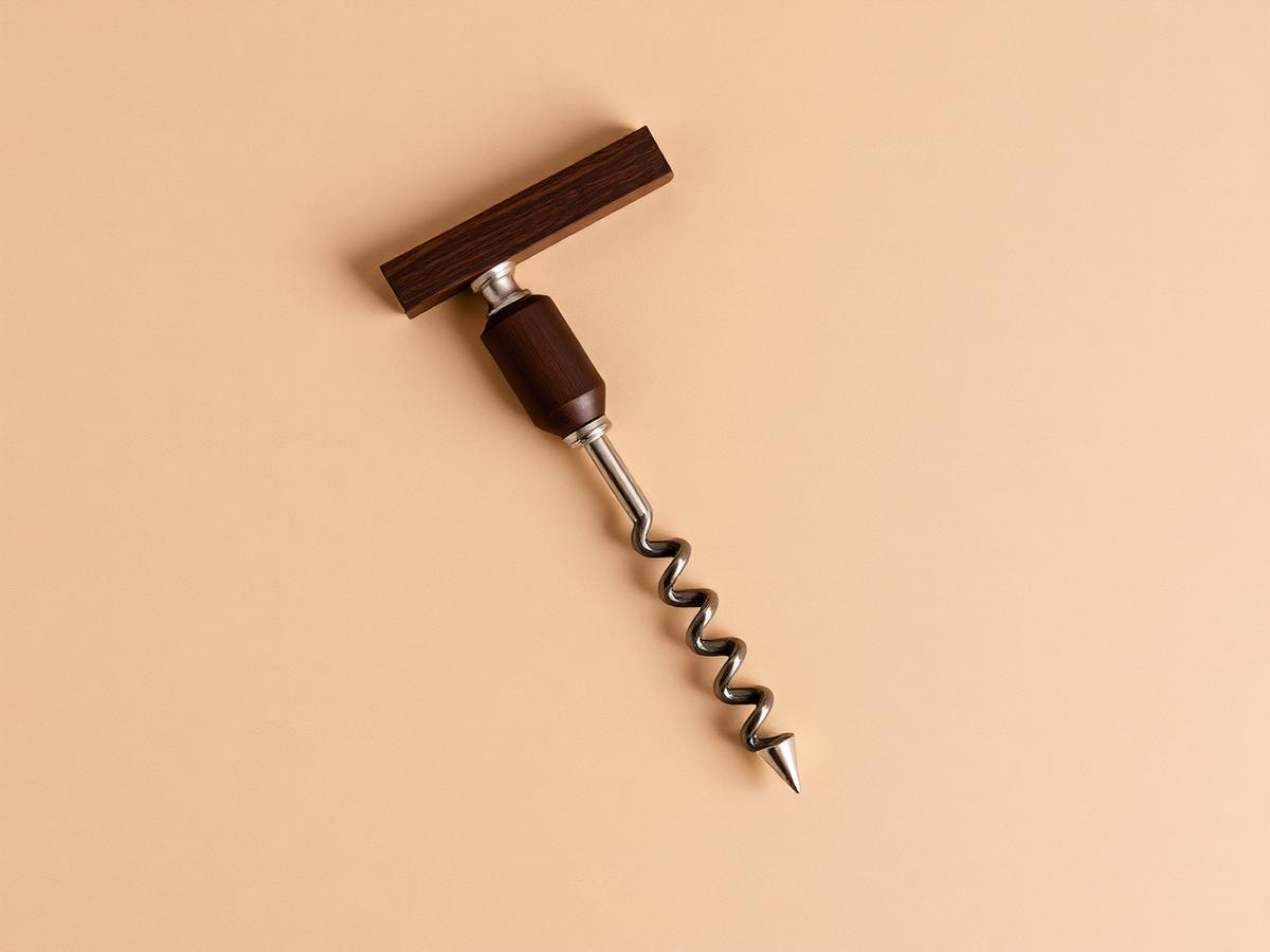 Overhead view of a wooden-handled corkscrew on a sand-coloured background